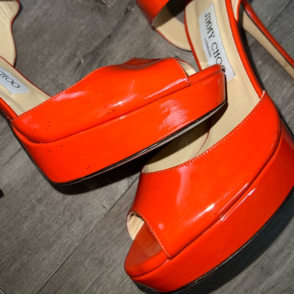 Jimmy Choo Linda Ankle-Wrap Patent Platform Sandal, Tangerine - Picture 7 of 10